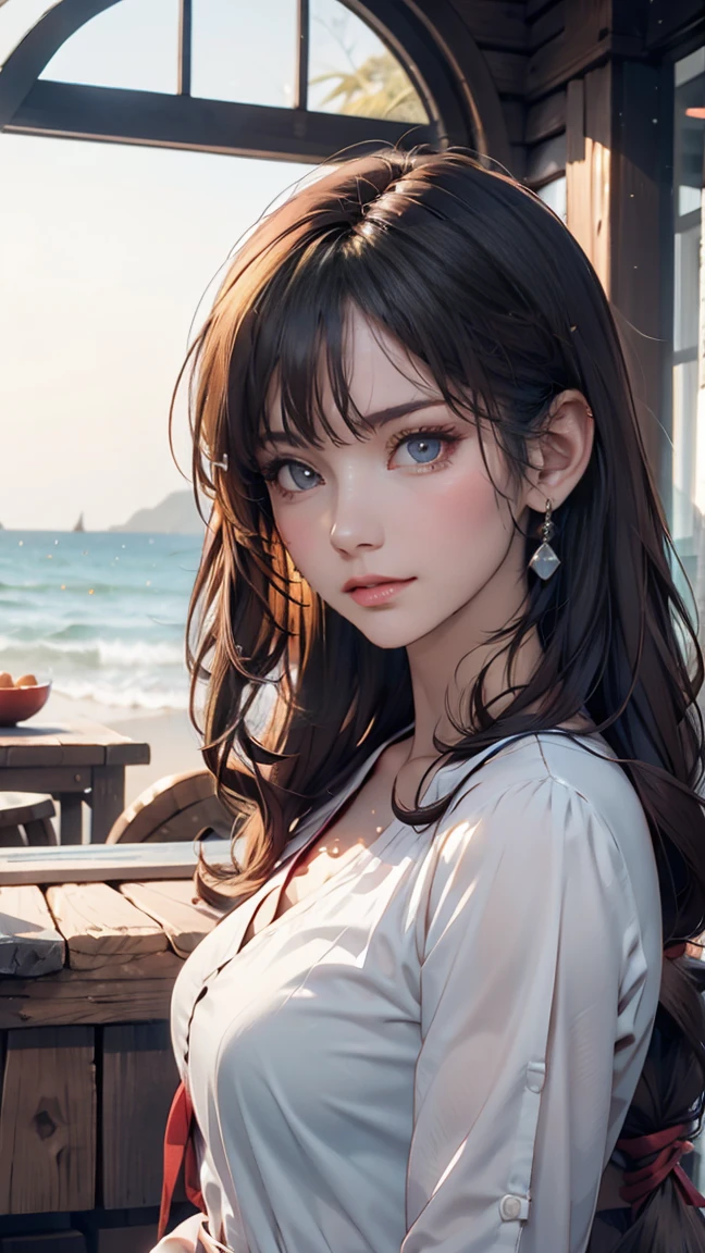 uta (one piece), oisa 栄一郎,, , One girl, :is, bangs, blue ribbon, isiamonis-shapeis pupils, isiamonis (shape), Hair between the eyes, heaisphones, Long Hair, multicoloreis hair, Open your mouth, Purple eyes, reis hair, ribbon, shirt, sign, No sleeve, No sleeve shirt, smile, alone, ((Split Color Hair)), symbol-shapeis pupils, Gray Hair, white shirt, Ocean, one eye covereis, watercolor,, ,