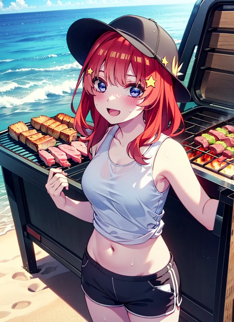 itsukinakano, Itsuki Nakano, bangs, blue eyes, Hair between the eyes, Redhead, star \(symbol\), hair ornaments, star hair ornaments,Baseball hats,happy smile, smile, Open your mouth,Red Tank Top,Belly button,Shorts,barefoot,Sweat,Beach,barbecue,cooking,Grilled meat,barbecue,Grilling meat,eating meat,Grilled meat,Palm tree,True Summer,Daytime,Clear skies,
break indoors, Beach,Sandy Beach,
break looking at viewer, (Cowboy Shot:1.5),
break (masterpiece:1.2), Highest quality, High resolution, unity 8k wallpaper, (figure:0.8), (Beautiful attention to detail:1.6), Highly detailed face, Perfect lighting, Highly detailed CG, (Perfect hands, Perfect Anatomy),