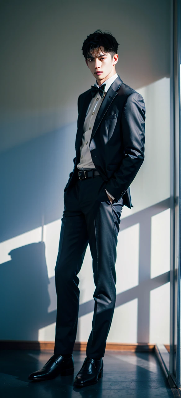 Best quality,masterpiece,ultra high res,photorealistic:1.4,1boy,light and shadow,1boy,male focus,solo,formal,black hair,bowtie,bow,shirt,suit,belt,pants,black pants,black suit,white shirt,indoors,short hair,hand in own hair,jacket,black bow,black bowtie,long sleeves,black belt,collared shirt,cowboy shot