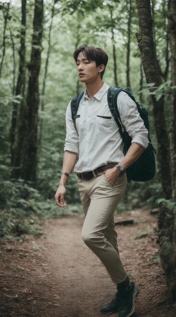 masterpiece, Jungkook walking through the jungle at night among fireflies, (High detail:1 1), rough face, Natural skin, high quality, NSFW, pretty eyes, (detailed face and eyes), (face: 1 2), noise, extra, Real photo, PSD, lamp film photography, sharp focus, contrast lighting, detailed skin, 8K high resolution, crazy detail, realist, Professional photography, 8k hd, reflex camera, Soft lighting, high quality, film grain, Fujifilm XT3