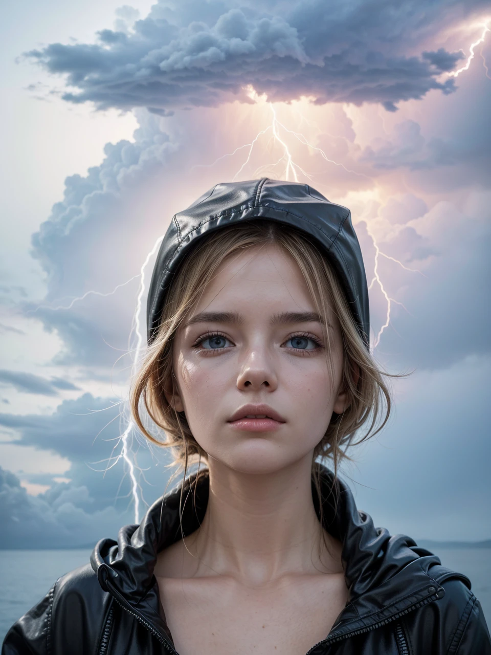 Criate mam put a black hooded jacket in this image, leave it with lightning powers