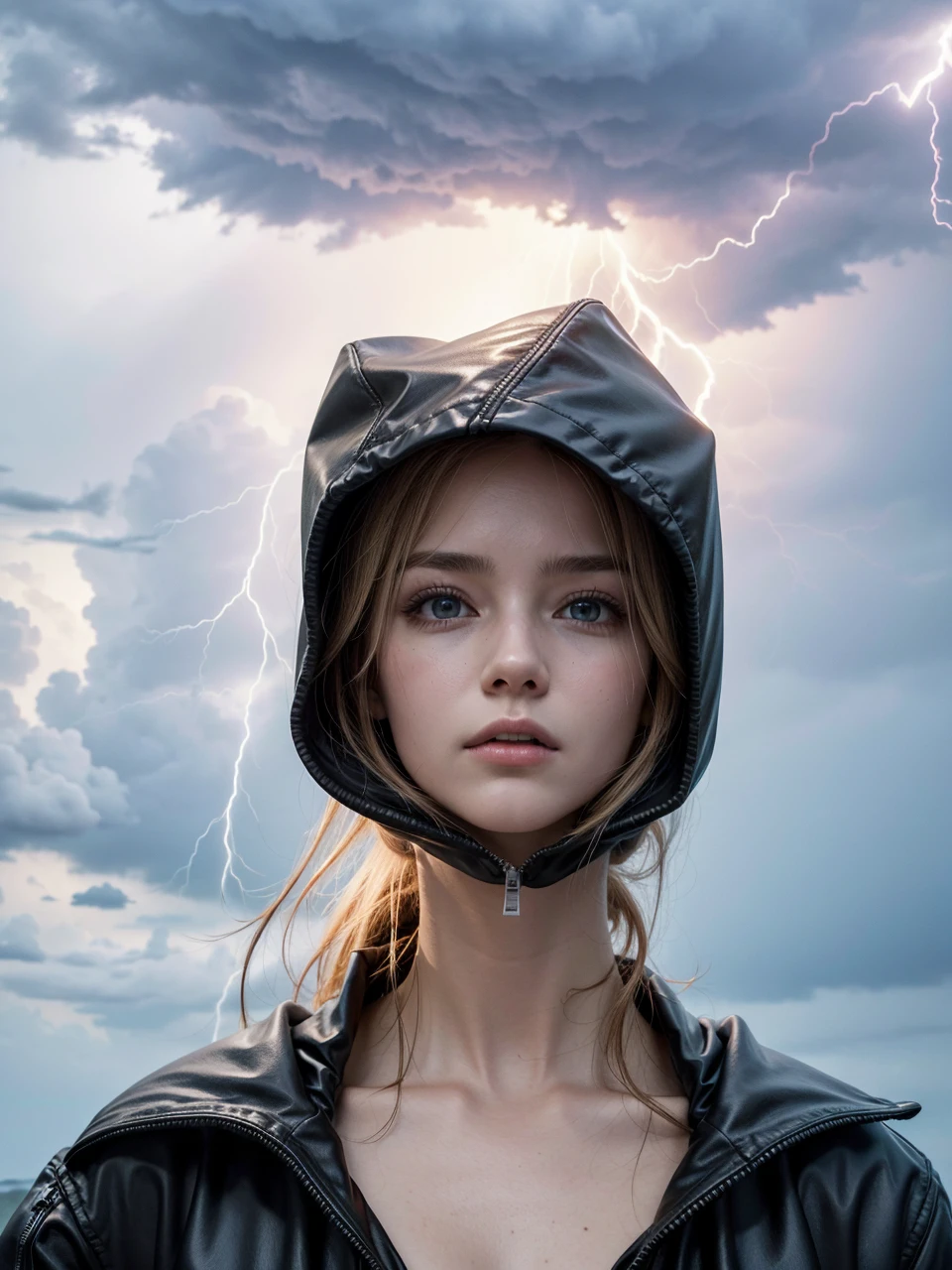 Criate mam put a black hooded jacket in this image, leave it with lightning powers