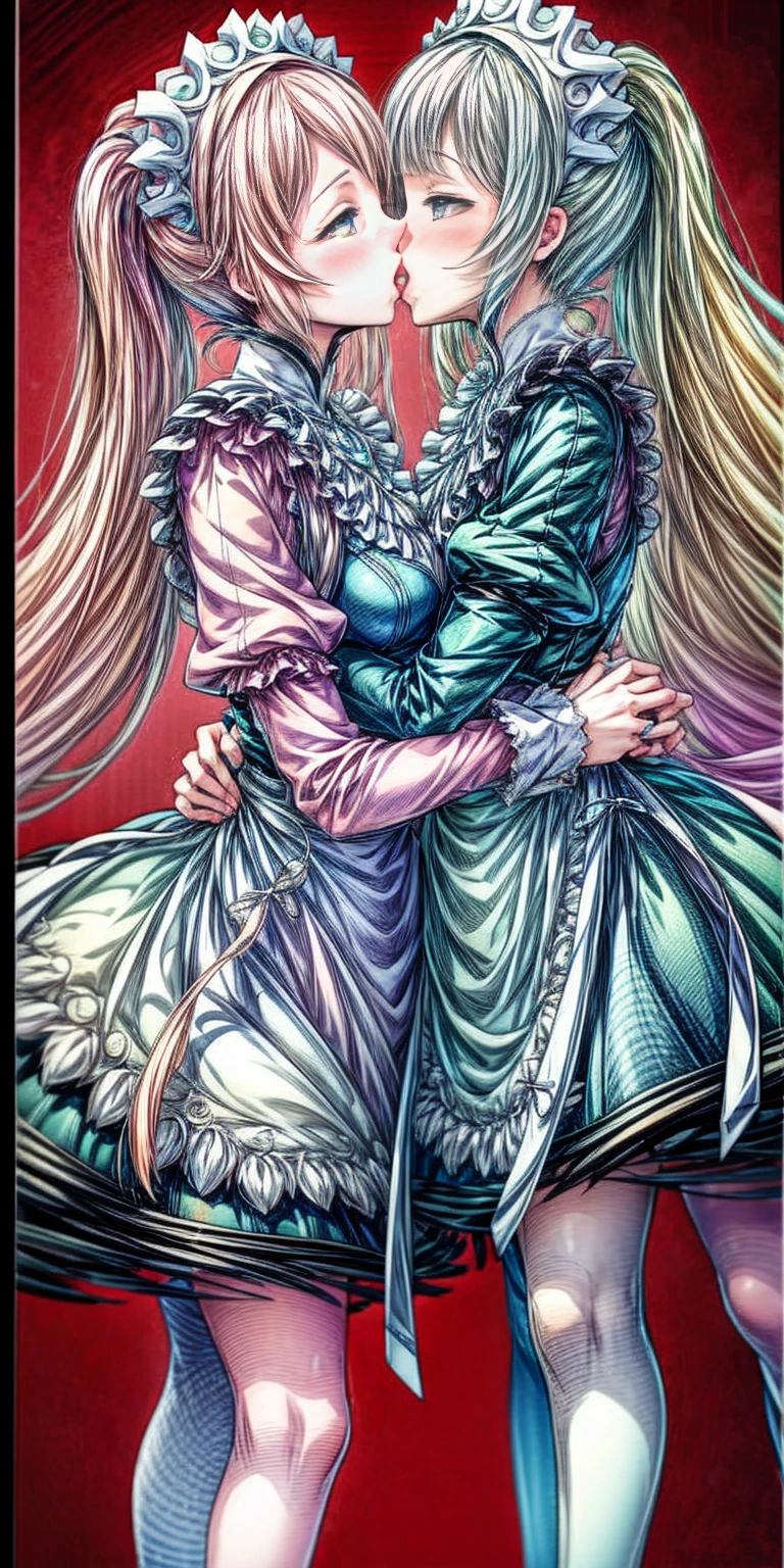 (Felicia + Flora Maid outfit) 2girls together, standing next to each other, holding hands and hugging each other, french kiss, kiss, add details, very detailed