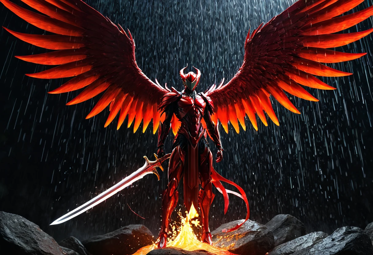 masterpiece,best quality,4k,photoillustration of 1archdemon((masterpiece best quality), (perfect anatomy), (perfect proportion body))1angel, archdemon, steel-blade wings(blade wings:1.3), blooded wings, tall wings(tallwings:1.7)close wings(closed wings:1.5)hold a flame_sword with his two hands((hold sword with two hands)(accurate:1.8)), sticking the sword in the rock, attacking stance, splashing red liquid surround, red rain, heavy rain, dynamic movement, cinematic motion, epic realism, hyper realistic, dramatic light, red sweat splashing, above view, red drips on face, dark background, mourning UHD, 8k