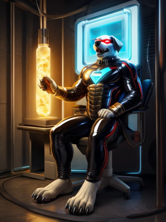 male anthro dog, super hero latex uniform, barefoot, nice big feet paws with pawpads and claws, hypnotic room, brainwash machine, drooling, eyes glowing