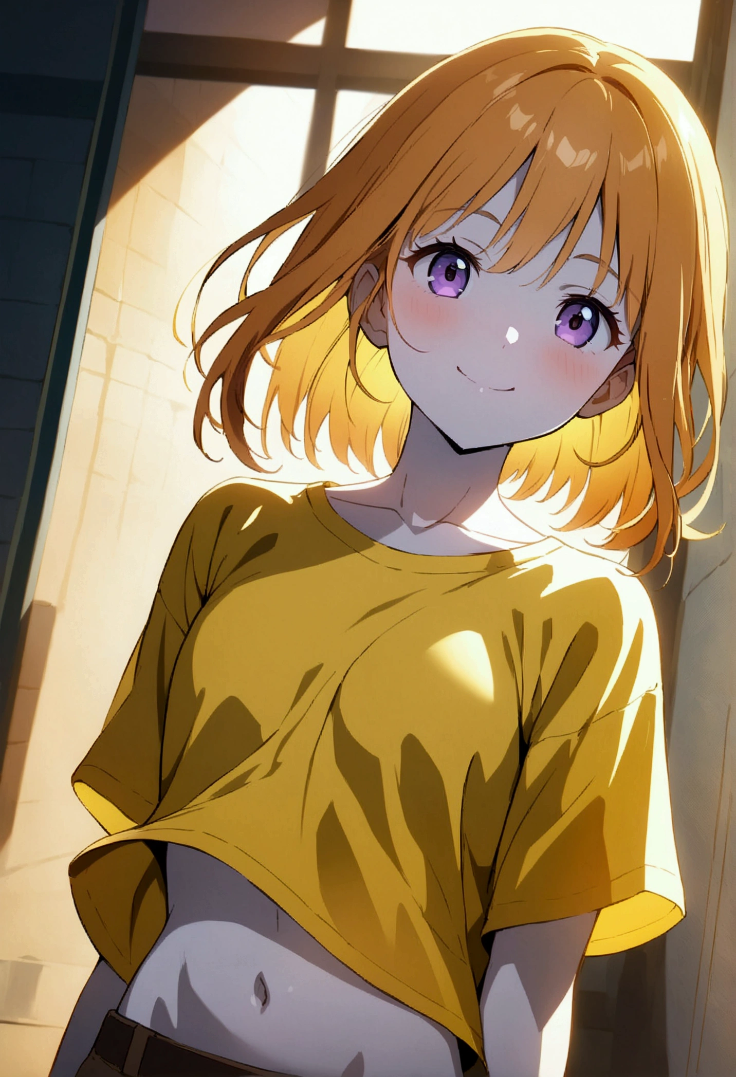 anime style,official art,extremely detailed CG unity 8k wallpaper, perfect lighting,Colorful, Bright_Front_face_Lighting,White skin,  cel shading,
(masterpiece:1.0),(best_quality:1.0), ultra high res,4K,ultra-detailed,
photography, 8K, HDR, highres, absurdres:1.2, Kodak portra 400, film grain, blurry background, bokeh:1.2, lens flare, (vibrant_color:1.2),professional photograph,,perfect anatomy,, source_anime.1girl, elpeo puru, gundam,reen shirt, looking at viewer, orange hair, pavement,  purple eyes,, short hair, short sleeves, sidelocks,navel,silk, smile, solo,  tile floor, tile wall, tiles, upper body, wall,(short yellow shirt:1.3),
