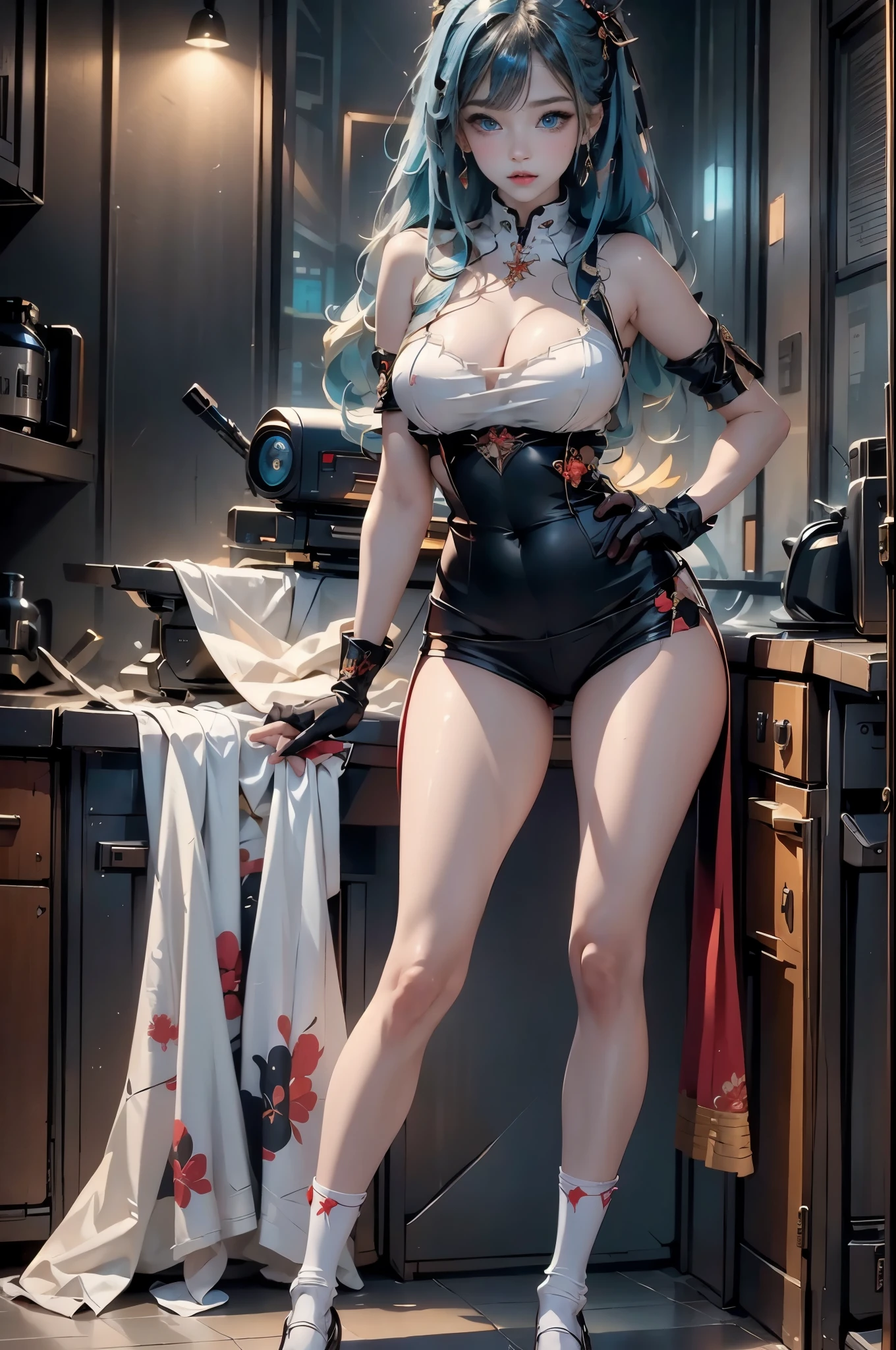 ((masterpiece, best quality, photorealism, RAW quality)), young girl with a perfect face, blue eyes, detailed and perfect pupil, red lips, dressed in a tight-fitting Harlequin costume, white socks, black net gloves, distressed, many rhombuses, in the kitchen with many diamonds falling everywhere