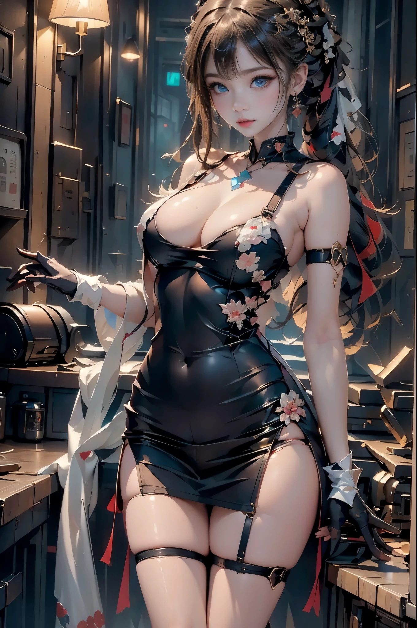 ((masterpiece, best quality, photorealism, RAW quality)), young girl with a perfect face, blue eyes, detailed and perfect pupil, red lips, dressed in a tight-fitting Harlequin costume, white socks, black net gloves, distressed, many rhombuses, in the kitchen with many diamonds falling everywhere