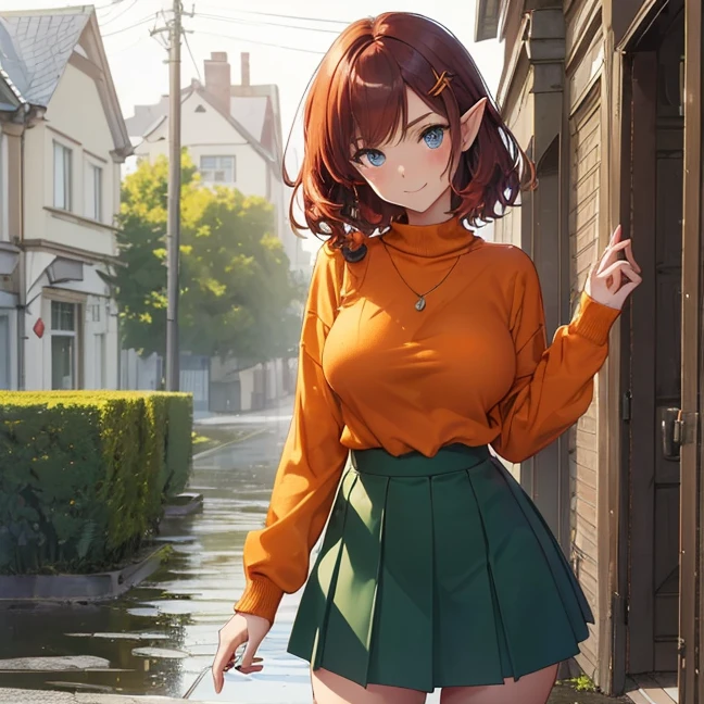 Master piece, best high quality image, carefully detailed details and textures, alone character, full character view
{{(1character: 16 years old dark-red haired elf girl citizen: (fair skin, dark-red short length hair, beautiful greyish-blue eyes, beautiful face, thick eyebrows, good feminine figure, big breasts, beautiful legs, sweet smile, friendly demeanor, clumsy firmly pose), (orange sweater, green skirt, two left golden raindrop hairclips), (sunny afternoon, wet danish city after a rainy hour))}}