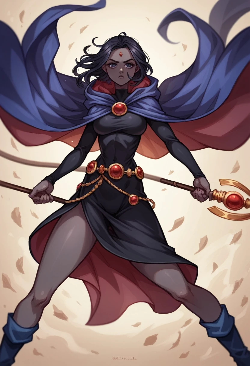 1 adult girl, Raven, black skin black leotard, black cloack, hooded cloak, sexy Greek knee-length skirt, booties, long flowing hair, wavy black hair, forehead jeauel, purples eyes, medieval belt, firm skin, standing, toned, breastsout, battle pose, delicate pose, perspective view(posando)), Lines of movement, portraite, b&au. Contour, whole body, holding a spear