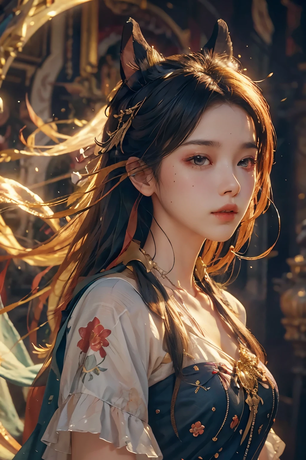 (RAW Photo, Best Quality), (Realistic, Photo Realistic: 1.3), Best Quality, Highly Detailed, Masterpiece, Hyperdetail, Illustration, 1 Girl, upper_body, Dynamic Angle, World Masterpiece Theater, messy_long_hair, Best Quality, Extremely Detailed CG Unified 8k Wallpaper, ink, Amazing, Cinematic Lighting, lens_flare, Chu Chu Touching,Fantasy City and its Inhabitants,