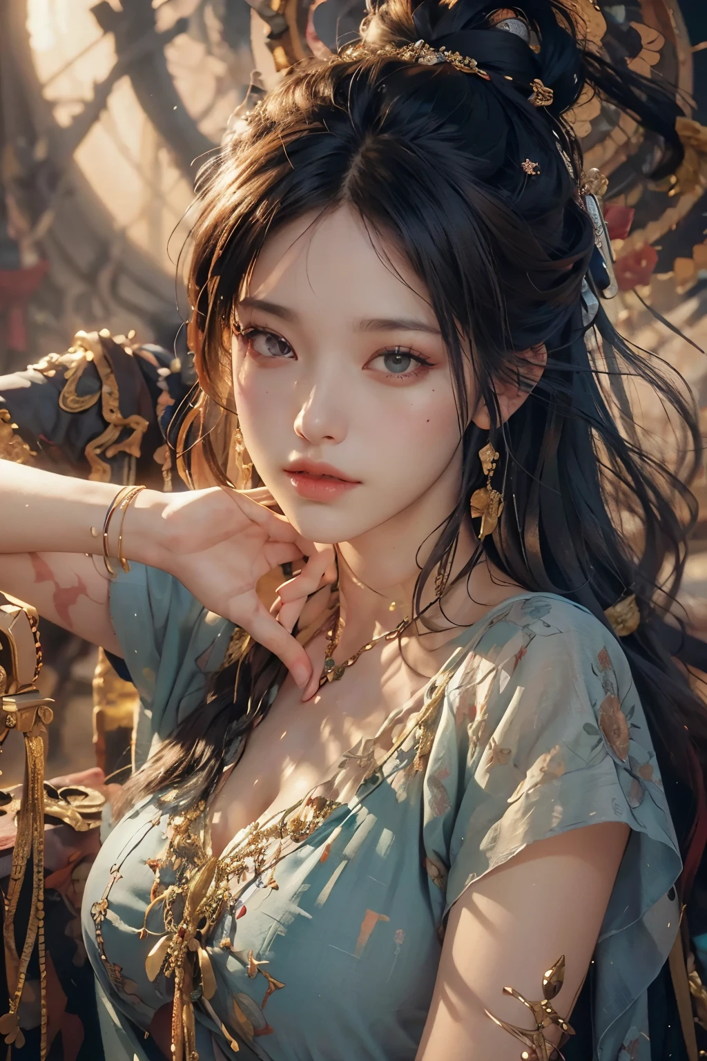 (RAW Photo, Best Quality), (Realistic, Photo Realistic: 1.3), Best Quality, Highly Detailed, Masterpiece, Hyperdetail, Illustration, 1 Girl, upper_body, Dynamic Angle, World Masterpiece Theater, messy_long_hair, Best Quality, Extremely Detailed CG Unified 8k Wallpaper, ink, Amazing, Cinematic Lighting, lens_flare, Chu Chu Touching,Fantasy City and its Inhabitants,
