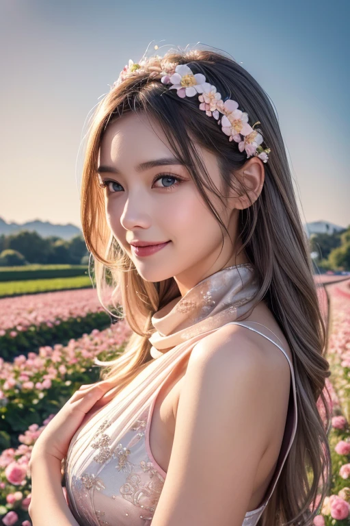 Overlooking, Panorama, perspective, Depth of written boundary, bust, Upper Body, Movie angle, Tabletop, Highest quality, Ultra-detailed, Hmph, 8k wallpaper, Beautiful Face, Delicate eyes, Landmines, alone, smile, Silver Hair, Golden Eyes, Fair skin, hair, Pink scarf, White evening dress, Rose Field, Pink flower, rose, Flower Field, petal, 舞い散るpetal, smile