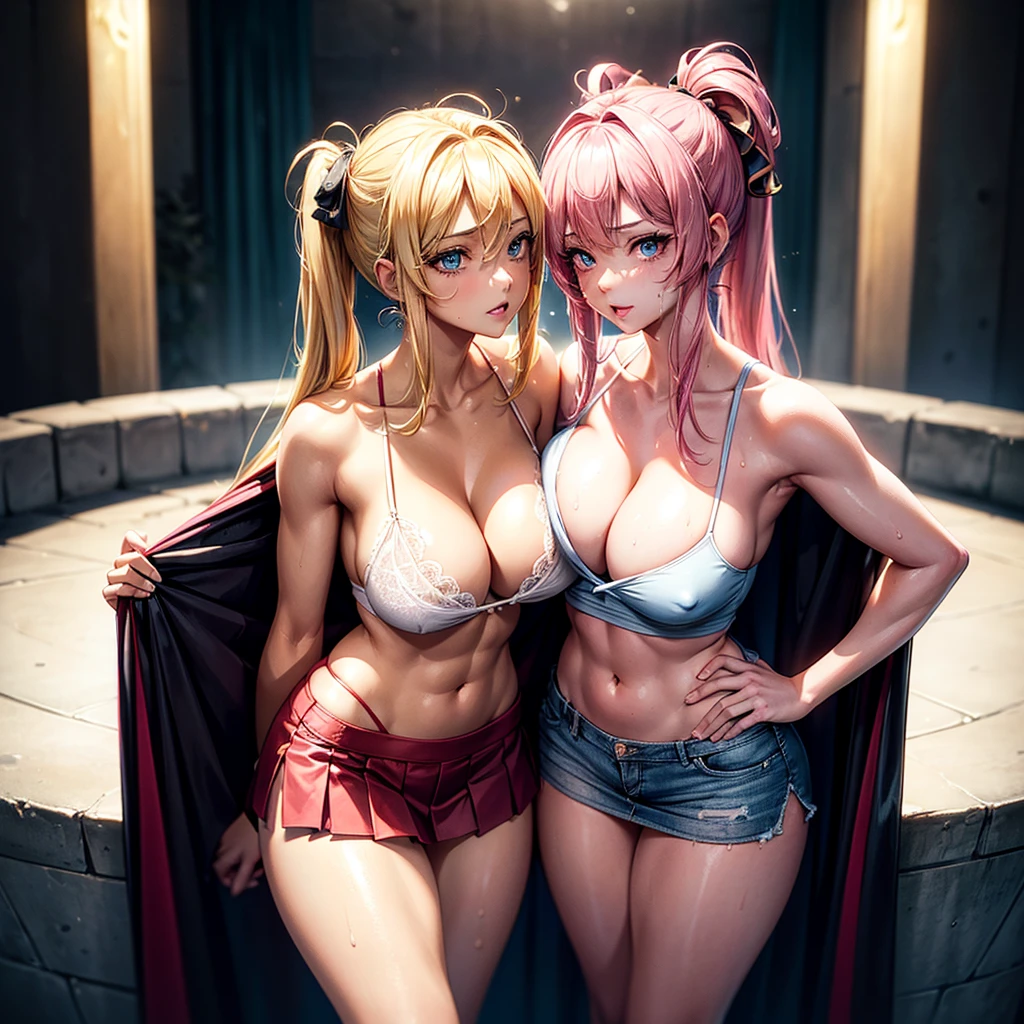Two beautiful lesbians with healthy skin stared into their eyes, their muscles clearly visible. They hugged and licked each other's breasts, saliva flowed from the corners of their mouths, their breasts touched each other in a provocative manner, and their nipples were clearly visible. Clothes can accidentally fall apart (come apart), get caught (causing the garment to pull on the hips), spaghetti straps on the shoulders of short T-shirts can break, and tops can slip off (causing exposure). The expression is fiery and defiant. (Masterpiece, best quality: 1.2), exaggerated blonde, beauty, pink hair, twin tails, glossy skin, seductive pose, cleavage, wet skin, exposed breasts, big breasts, breast detail, healthy The skin, the exaggeratedly damaged mini shorts exposed her buttocks, and the miniskirt slipped down the side of her thighs, and a large amount of sticky white liquid oozed between her legs (vanilla ice cream melted, cream cheese syrup dripped) amazing Ass and spread legs. Details: Spread your legs, M-shaped legs, squat down, your eyes are super beautiful and shining during orgasm, and your big breasts reveal your cleavage. Light pink nipples. navel, muscular, legs spread, juicy, wet, seductive, big breasts, cleavage exposed, navel, oily skin, blonde, long straight hair, schoolgirl cut, cosplay, late night, wet, sweaty armpits, (exquisite Face shape))): 1.6), Field Bokeh, (Detailed Background), Perfect Layered Crop, (Full Body Shot/Cowboy Shot/Side View), 8K, Gorgeous Lips, (Masterpiece), ((Best) Quality), (Super Detailed)), ((Sexy; 1.5)) Very beautiful, richly illustrated, perfectly composed, intricately detailed, extremely fine facial details, (Anime, Masterpiece, Complex: 1.3), (Highest Quality, Characteristic Textures, High Detail: 1.2), (4k), (Extreme Detail: 1.4) Moody Lighting