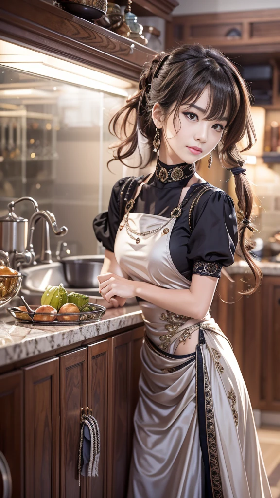 (32K:1.5, Highest quality, masterpiece, Ultra-high resolution), Professional camera work:1.6, Very detailedな肌と顔の質感:1.3, Captivating portrait:1.3, Very accurate, Very detailed, ((1 tall adult woman, Cook:1.4, kitchen, Wearing an apron:0.7)), Incredibly slim body, Fair skin, elegant, Heartful, sense of openness, sense of cleanliness, Sensual posture, (Big eyes that exude beautiful eroticism:0.4, Happy expression:1.0, I love you with all my heart:0.8, Open your mouth a little, lipstick, Feel the beautiful eroticism:0.9), Dark brown medium hair, Mid-chest, Earrings, necklace, bracelet, (romantic, mysterious), Object of admiration, Fancy, original, dramatic, artistic, Innovative, special, exciting, Extreme, Tilt, sense of loss, sorrow, sorrowの表現, ((Adult charm, Feminine charm))