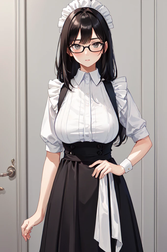 {{masterpiece}},high quality, 4K, 2D, 1 girl,{simple gray background},attractive mature lady,{milf},standing,sagging breasts,{{gigantic breasts}},maid,front face,{{tareme}},attractive mature lady,black hair, {from right in front of face and body},View viewers from front,{front facing shot},Wear glasses,{{mole under eye}},(serious:0.1)