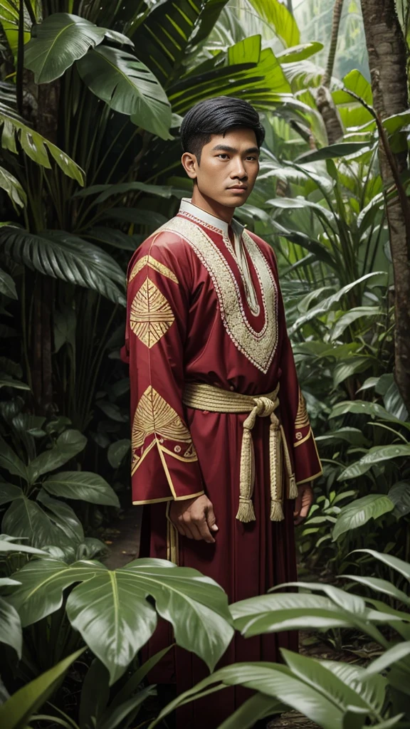 A man wearing traditional clothes of west sumatra. Jungle background