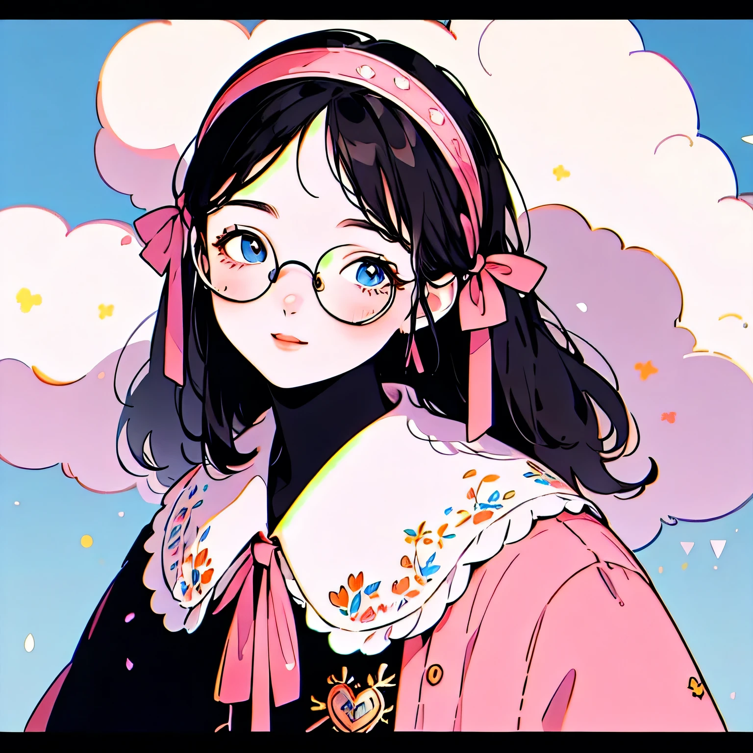 girl, Blue sky and white clouds, Wearing silver glasses, Happy, Happy, Reddish cheeks, Black Hair, Wearing a pink ribbon headband, Perfect quality, Clear focus (Clutter - Home: 0.8), (masterpiece: 1.2) (Realistic: 1.2) (Bokeh) (Highest quality) (Detailed skin: 1.3) (Intricate details) (8k) (Detail Eyes) (Sharp focus), (Happy)