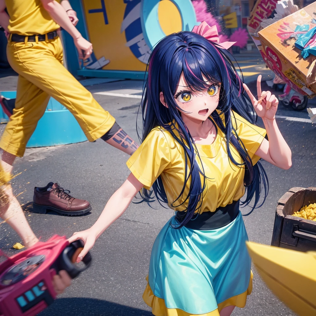Create an anime-style image of a clumsy and naturally awkward girl with bright yellow hair. She should be wearing a cute, casual yellow outfit, such as a dress or a top with a skirt. Depict her in a moment where she is tripping or stumbling, showing a panicked and embarrassed expression. Her hair is styled in a playful, slightly messy fashion. The background should be lively and fun, with bright colors and dynamic elements that emphasize her clumsiness. Add small, amusing details around her, like scattered items she has knocked over, to enhance the playful and whimsical atmosphere. Make sure the overall image is vibrant and engaging, suitable for use as a thumbnail.