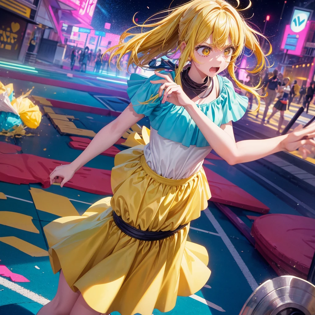 Create an anime-style image of a clumsy and naturally awkward girl with bright yellow hair. She should be wearing a cute, casual yellow outfit, such as a dress or a top with a skirt. Depict her in a moment where she is tripping or stumbling, showing a panicked and embarrassed expression. Her hair is styled in a playful, slightly messy fashion. The background should be lively and fun, with bright colors and dynamic elements that emphasize her clumsiness. Add small, amusing details around her, like scattered items she has knocked over, to enhance the playful and whimsical atmosphere. Make sure the overall image is vibrant and engaging, suitable for use as a thumbnail.