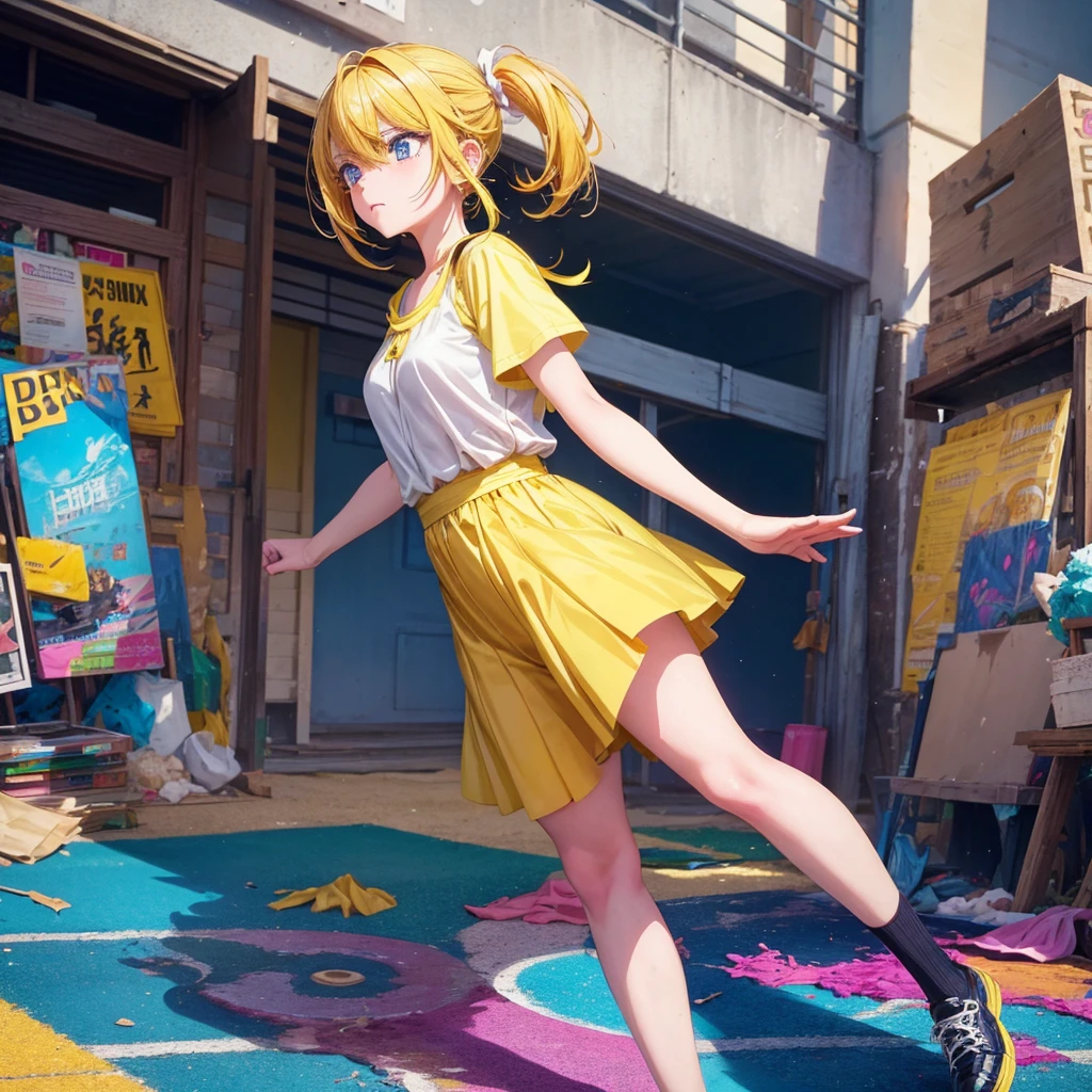 Create an anime-style image of a clumsy and naturally awkward girl with bright yellow hair. She should be wearing a cute, casual yellow outfit, such as a dress or a top with a skirt. Depict her in a moment where she is tripping or stumbling, showing a panicked and embarrassed expression. Her hair is styled in a playful, slightly messy fashion. The background should be lively and fun, with bright colors and dynamic elements that emphasize her clumsiness. Add small, amusing details around her, like scattered items she has knocked over, to enhance the playful and whimsical atmosphere. Make sure the overall image is vibrant and engaging, suitable for use as a thumbnail.
