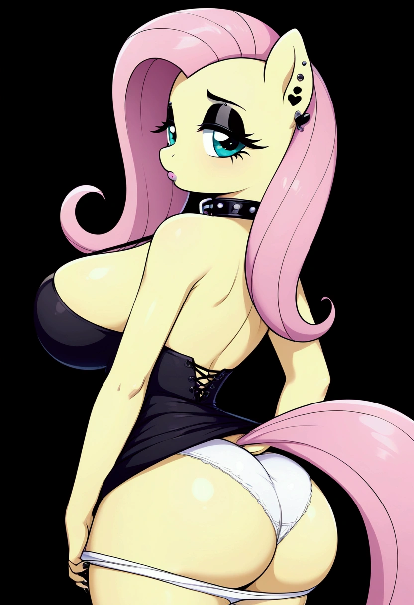 My little pony, fluttershy goth, goth dress, (pullin on her white panties up), big breasts, dog collar, earrings, piercing, black eyeshadow, black nails, sexy ass
