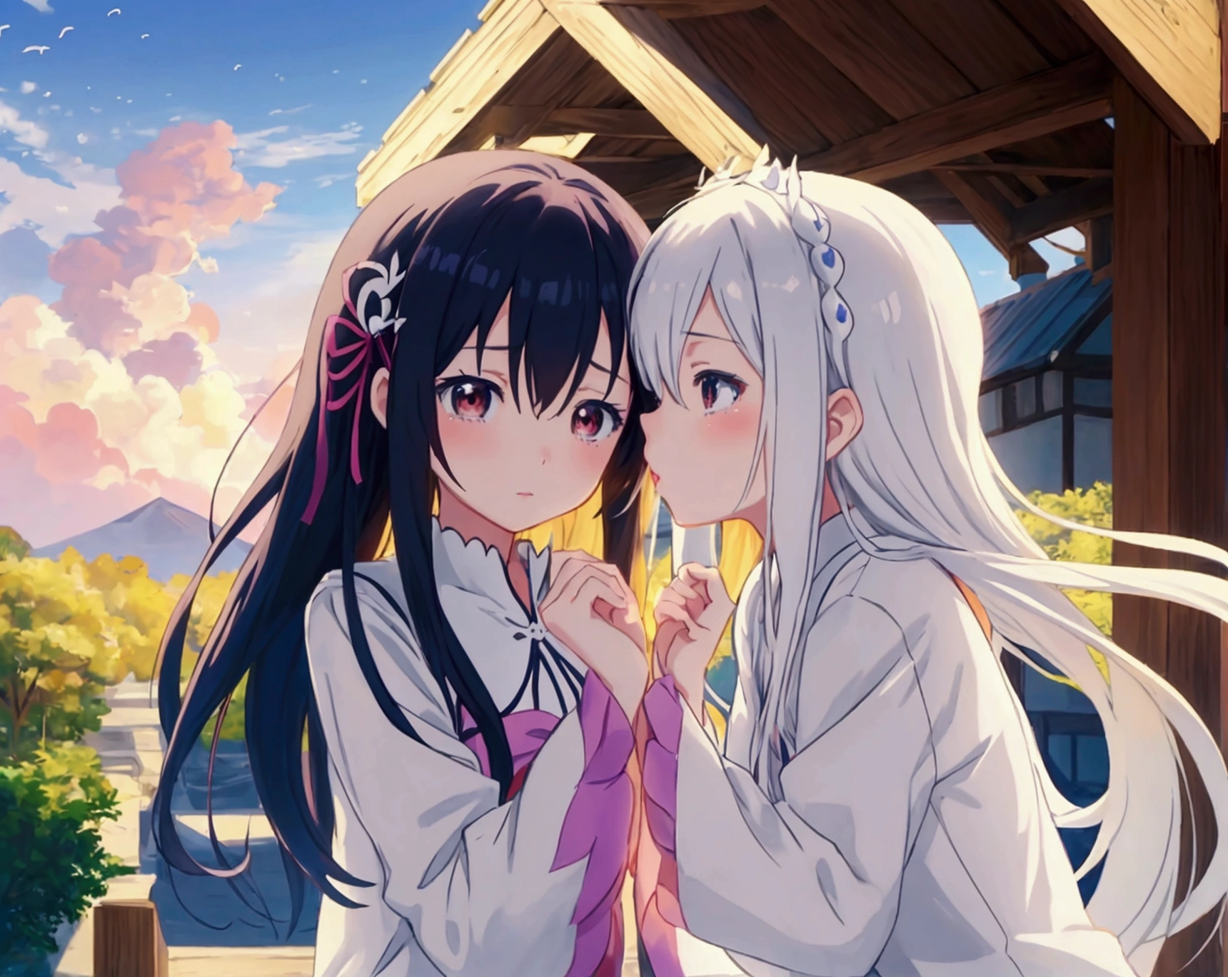 anime, kids, kids cute, couple kissing in the sky with birds flying overhead, kissing together cutely, romanticism lain, shoujo romance, sakimi chan, lovely kiss, kissing together, anime picture, in love, kissing, romantic!!!, anime, re:zero, echidna, subaru, making love, cute anime, beautiful anime, anime!!, anime wallaper, cielo hermoso, lagrimas de felicidad en la niña, echidna niña, pelo blanco, cejas gruesas blanca.