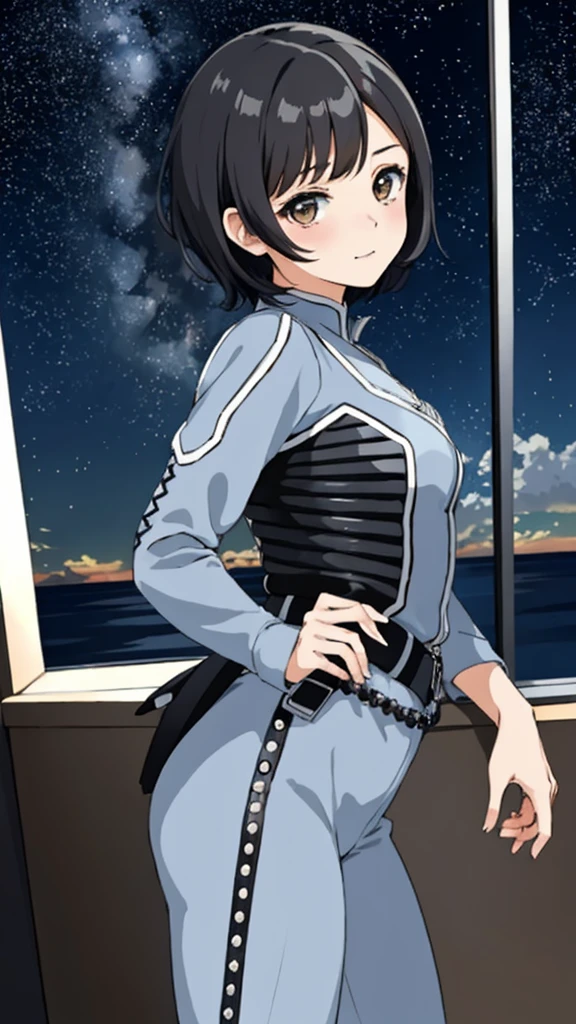 masterpiece, best quality, 独奏,1girl,looking at viewer,, cowboy shot,sea,anime style,
 anne、Ultra Guard Interior、Starry sky background、、Black Hair、Hair style: short hair、Her hair is parted in a 7:3 style.