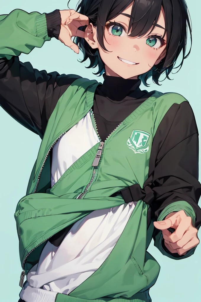 1 boy, looking right side down on the viewer, waering mint green varsity with white sleeve, black hair, brown eyes, black shirt inside of varsity jaket. Smiling.