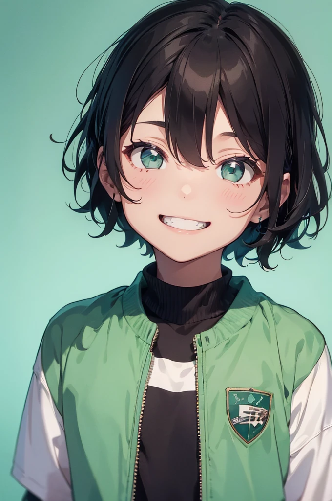 1 boy, looking right side down on the viewer,  waering mint green varsity with white sleeve, black hair, brown eyes, black shirt inside of varsity jaket. Smiling. 