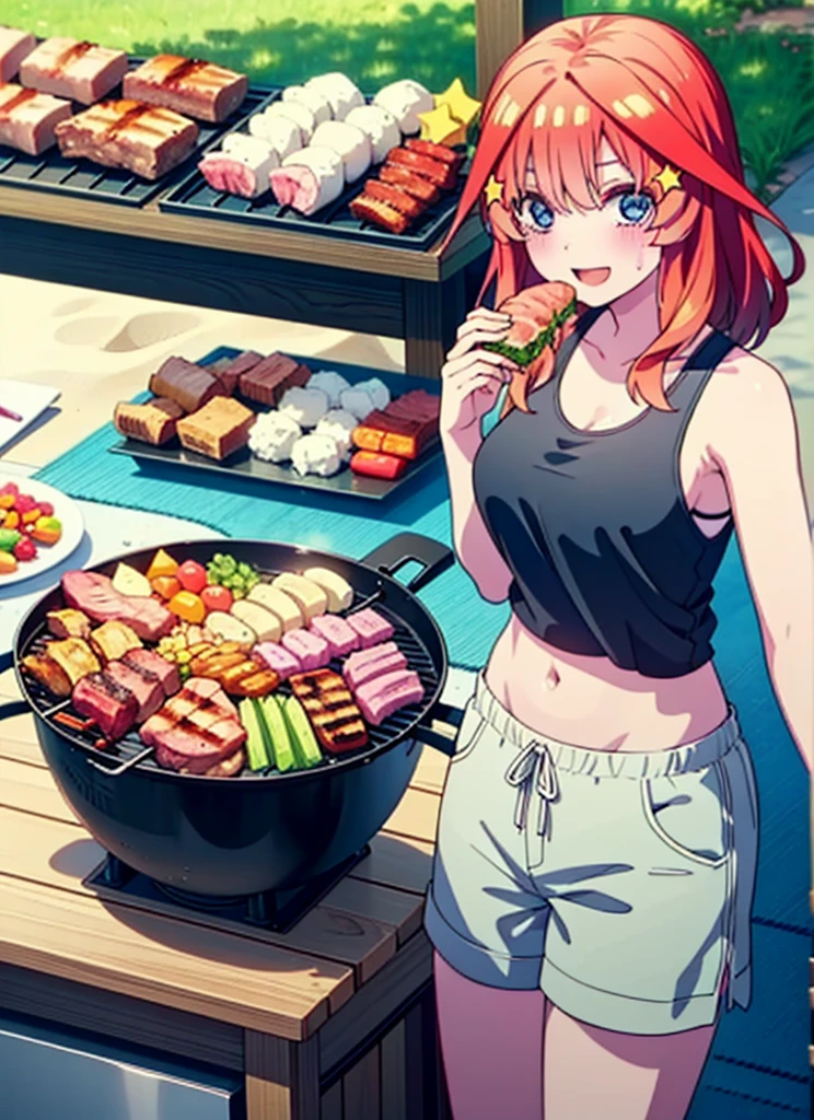 itsukinakano, Itsuki Nakano, bangs, blue eyes, Hair between the eyes, Redhead, star \(symbol\), hair ornaments, star hair ornaments,Baseball hats,happy smile, smile, Open your mouth,Red Tank Top,Belly button,Shorts,barefoot,Sweat,Beach,barbecue,cooking,Grilled meat,barbecue,Grilling meat,eating meat,Grilled meat,Palm tree,True Summer,Daytime,Clear skies,
break indoors, Beach,Sandy Beach,
break looking at viewer, (Cowboy Shot:1.5),
break (masterpiece:1.2), Highest quality, High resolution, unity 8k wallpaper, (figure:0.8), (Beautiful attention to detail:1.6), Highly detailed face, Perfect lighting, Highly detailed CG, (Perfect hands, Perfect Anatomy),