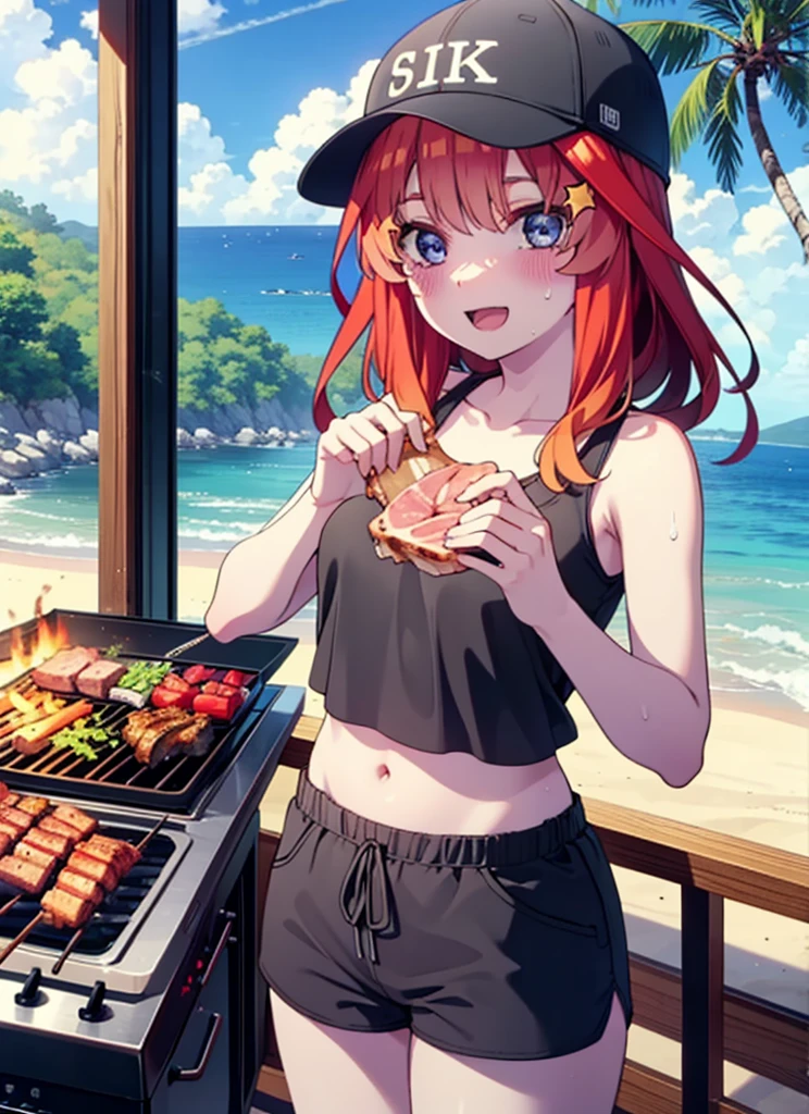 itsukinakano, Itsuki Nakano, bangs, blue eyes, Hair between the eyes, Redhead, star \(symbol\), hair ornaments, star hair ornaments,Baseball hats,happy smile, smile, Open your mouth,Red Tank Top,Belly button,Shorts,barefoot,Sweat,Beach,barbecue,cooking,Grilled meat,barbecue,Grilling meat,eating meat,Grilled meat,Palm tree,True Summer,Daytime,Clear skies,
break indoors, Beach,Sandy Beach,
break looking at viewer, (Cowboy Shot:1.5),
break (masterpiece:1.2), Highest quality, High resolution, unity 8k wallpaper, (figure:0.8), (Beautiful attention to detail:1.6), Highly detailed face, Perfect lighting, Highly detailed CG, (Perfect hands, Perfect Anatomy),