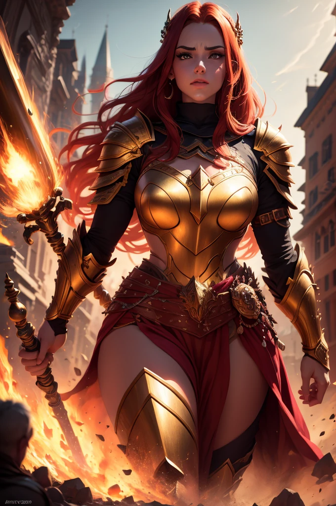 A giant 4.5 meter tall female goddess, with copper red hair, golden eyes, wearing red knight armor, muscular build, carrying a large mace, intimidating expression, round nose, (best quality,4k,8k,highres,masterpiece:1.2),ultra-detailed,(realistic,photorealistic,photo-realistic:1.37),epic fantasy,dark fantasy,dramatic lighting,dramatic atmosphere,cinematic,dramatic pose,highly detailed facial features,extremely intricate armor details,glowing energy effects