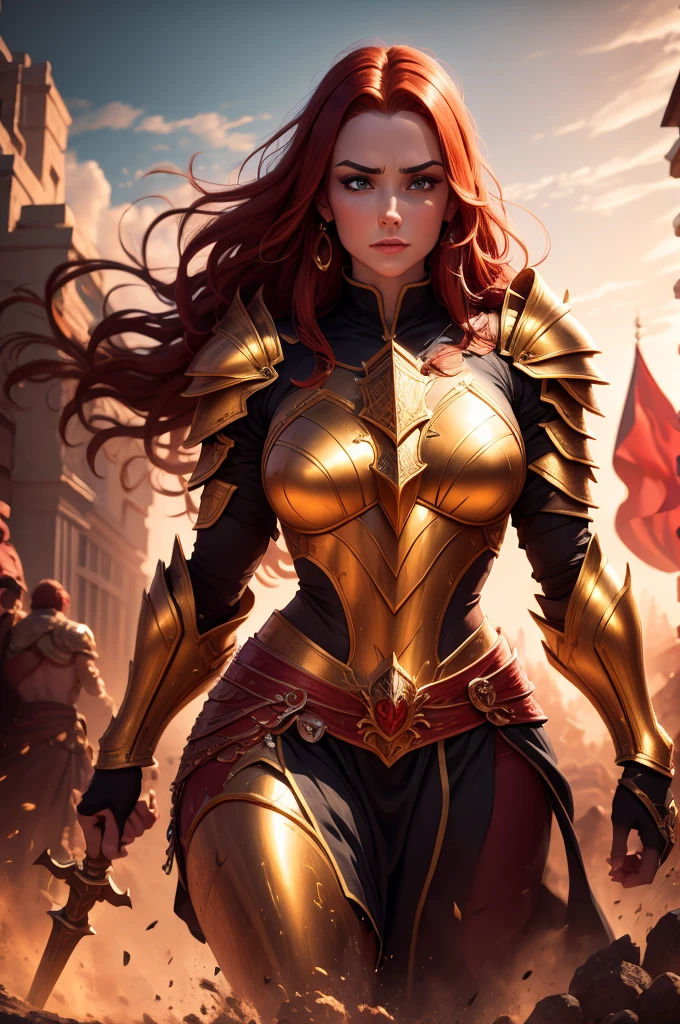 A giant 4.5 meter tall female goddess, with copper red hair, golden eyes, wearing red knight armor, muscular build, carrying a large mace, intimidating expression, round nose, (best quality,4k,8k,highres,masterpiece:1.2),ultra-detailed,(realistic,photorealistic,photo-realistic:1.37),epic fantasy,dark fantasy,dramatic lighting,dramatic atmosphere,cinematic,dramatic pose,highly detailed facial features,extremely intricate armor details,glowing energy effects