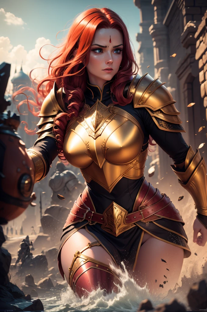 A giant 4.5 meter tall female goddess, with copper red hair, golden eyes, wearing red knight armor, muscular build, carrying a large mace, intimidating expression, round nose, (best quality,4k,8k,highres,masterpiece:1.2),ultra-detailed,(realistic,photorealistic,photo-realistic:1.37),epic fantasy,dark fantasy,dramatic lighting,dramatic atmosphere,cinematic,dramatic pose,highly detailed facial features,extremely intricate armor details,glowing energy effects