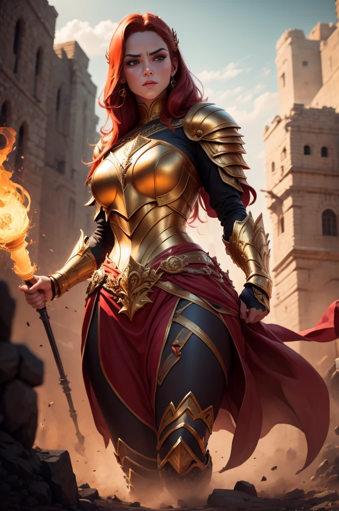 A giant 4.5 meter tall female goddess, with copper red hair, golden eyes, wearing red knight armor, muscular build, carrying a large mace, intimidating expression, round nose, (best quality,4k,8k,highres,masterpiece:1.2),ultra-detailed,(realistic,photorealistic,photo-realistic:1.37),epic fantasy,dark fantasy,dramatic lighting,dramatic atmosphere,cinematic,dramatic pose,highly detailed facial features,extremely intricate armor details,glowing energy effects