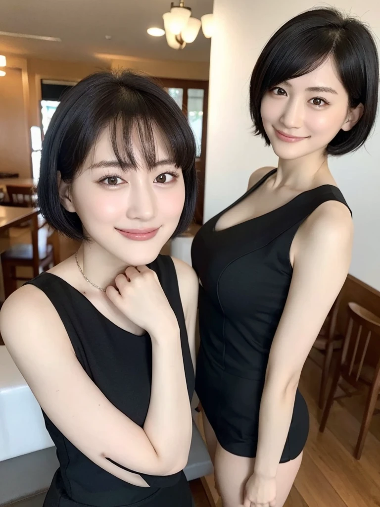Highest quality、masterpiece、8k、Very detailed、Realistic、Looking at me with a smile、whole body、Black Hair、Short Hair、Small face、Slender、(Big Breasts)、Thin and beautiful legs、narrow and constricted waist,、Family Restaurant Uniforms