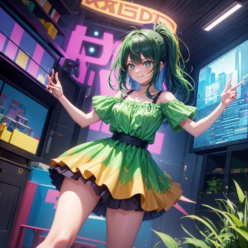 Create an anime-style image of a clumsy and naturally awkward girl with bright green hair. She should be wearing a cute, casual green outfit, such as a dress or a top with a skirt. Depict her in a moment where she is tripping or stumbling, showing a panicked and embarrassed expression, but also shyly smiling. Her hair is styled in a playful, slightly messy fashion. The background should be lively and fun, with bright colors and dynamic elements that emphasize her clumsiness. Add small, amusing details around her, like scattered items she has knocked over, to enhance the playful and whimsical atmosphere. Make sure the overall image is vibrant and engaging, suitable for use as