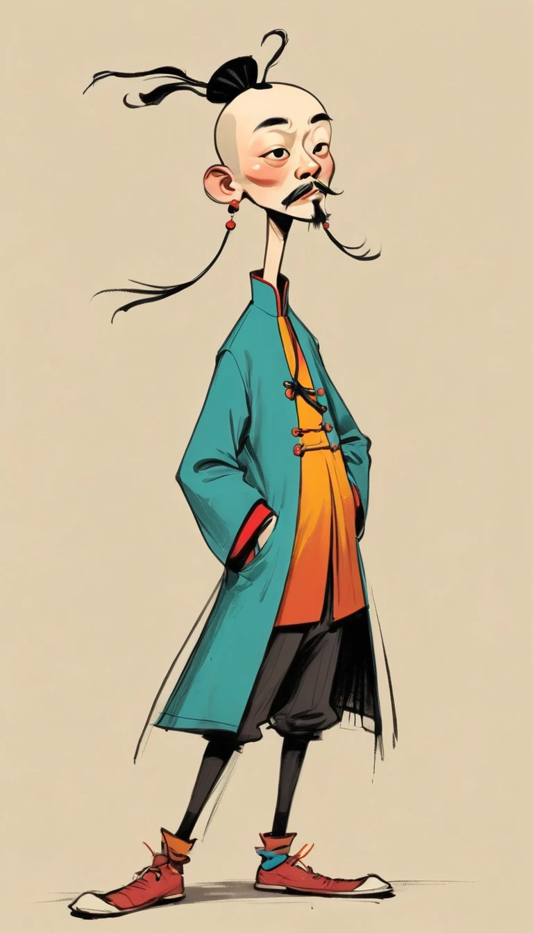 (((Exaggerated digital character sketches:1.37))).(King of the Qing Dynasty),(Black sketch lines,Loose brushstrokes create the outline,Cartoon Style. Bright colors and simplified lines, sketch)。(Exaggerated body movements,Long legs),(fear)