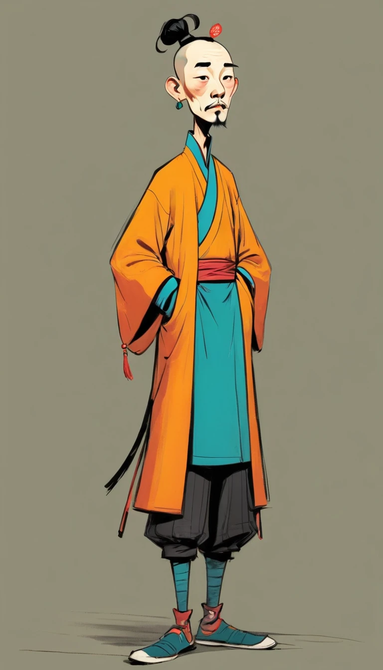 (((Exaggerated digital character sketches:1.37))).(King of the Qing Dynasty)，(Black sketch lines，Loose brushstrokes create the outline，Cartoon Style. Bright colors and simplified lines, sketch)。(Exaggerated body movements，Long legs),(fear）