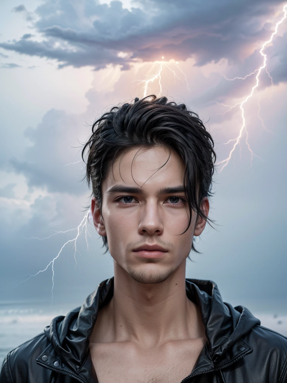 these men put a black hooded jacket on this image, leave it with lightning powers