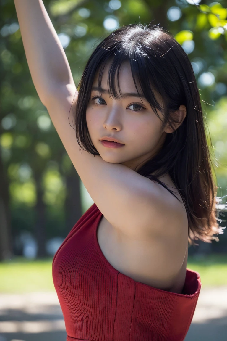 (Highest quality:1.4),(masterpiece:1.4),(Realistic:1.4),(Realistic:1.2),(超High resolution, RAW Photos:1.4),(High resolution, Ultra-detailed:1.2),(8k:1.2),Cinematic photography,a photo of a dark-haired,One girl,alone,wear ,((Japanese female warrior))、((Upper Body:1.3))、Raise your arms to show your sides、((Raise your arms to show your sides))、In the park