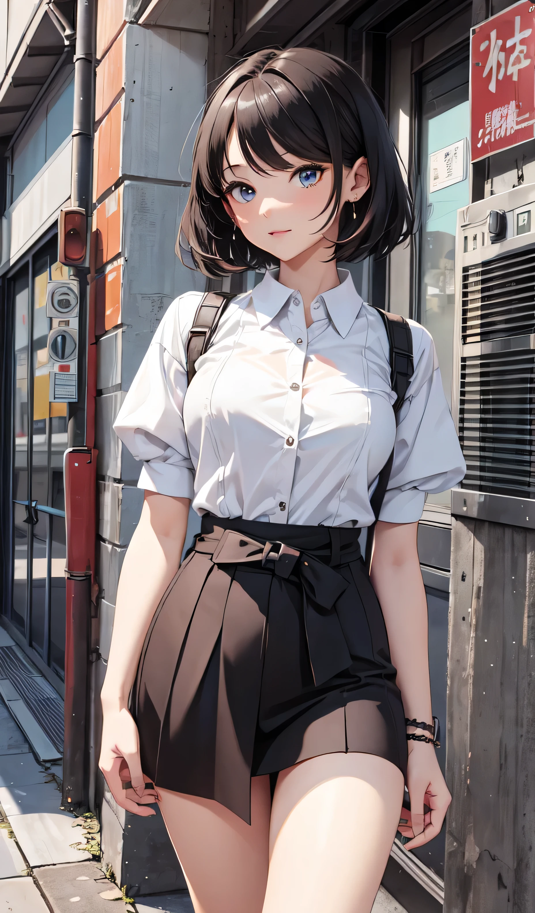 beautiful detailed girl, clear and beautiful, student, hands on waist, short hair