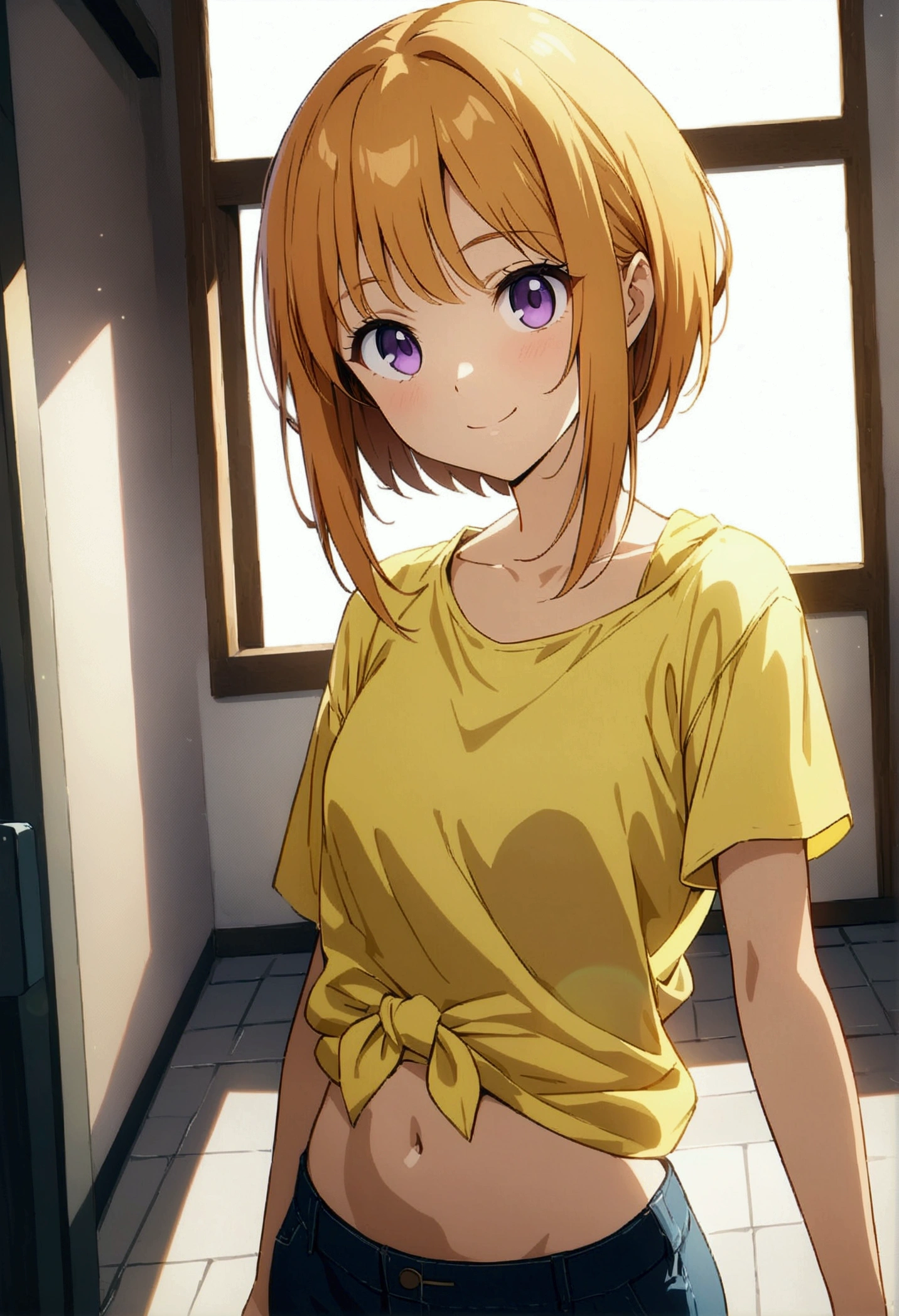 anime style,official art,extremely detailed CG unity 8k wallpaper, perfect lighting,Colorful, Bright_Front_face_Lighting, cel shading,
(masterpiece:1.0),(best_quality:1.0), ultra high res,4K,ultra-detailed,
photography, 8K, HDR, highres, absurdres:1.2, Kodak portra 400, film grain, blurry background, bokeh:1.2, lens flare, (vibrant_color:1.2),professional photograph,,perfect anatomy,, source_anime.1girl, elpeo puru, gundam,reen shirt, looking at viewer, orange hair, pavement,  purple eyes,, short hair, short sleeves, sidelocks,navel,silk, smile, solo,  tile floor, tile wall, tiles, upper body, wall,(short yellow shirt:1.3),
