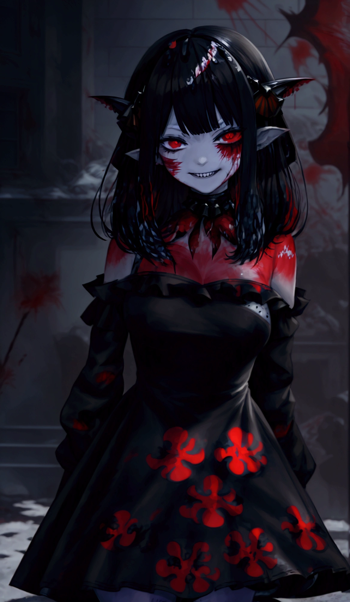 (Highest quality,4K,High resolution,masterpiece:1.2),Very detailed,Realistic:1.37,Spooky altar background,Dark fantasy,Red color scheme,Ominous atmosphere,Eye-catching,Storytelling,anatomy,Anime Style,Concept Art,beautiful細部までこだわった顔と (((Red eyes ))),A terrifying ritual ,Satanic Ritual,Premature death,Improper behavior,クレイジーなsmile,Scythe Face,Girl Monster, beautiful, Delicate facial features, Sharp Eye, Sharp Fangs, pale skin, Thick chain, Dark Background, Cinema Lighting, Dramatic Shadows, Gothic style, Gloomy atmosphere, Dark fantasy, One Girl, , Please open your mouth wide, Open your mouth and baring your teeth,Sharp teeth like a beast, Wide lips, very wide mouth, Vermilion cheeks, ,(Blood splatter:1.4),Scary smile, smile,Fallen angel design, Twisted smile、Bloodstained、bleeding from the head,,,,、Blood splatter、,(Blood splatter:1.4),Crossbones, skull,Horror Style, ((Fantasy Fallen Angel Costume)), ((Flowing black hair)), ,(Blood splatter:1.4),Female curves, Sexy flat stomach, Perfect hands, Perfect anime face, ((White ta Dress)), Are standing, ((邪悪なsmile)), ,(Blood splatter:1.4), Steam circulates, Moonlight Illumination, night lighting, disaster々new devil horns,,(Blood splatter:1.6),アニメFallen angel design, Twisted smile、Bloodstained、bleeding from the head,,,,、Blood splatter、,(Blood splatter:1.4),Crossbones, skull,Gothic architecture、Western architecture、Fantasy World、,Victorian cities, Skeleton Gas Light,Absurd, High resolution、 ((Tabletop)), ((Highest quality)), (Very detailedな), ((Very detailed)), (beautiful), ((pretty girl)), (NFSW:1.8), alone,(10 y)、(world'The most terrifying and creepy demon girl:1.5)beautiful face、Whole Body Ezbian、pale, Clear Skin、beautiful黒の髪、Smiling Kindly、Dark building ruins、(snow white'Frill dress:1.3)、(The dark ruins are stained with blood:1.3)、Low angle full body shot、(少女は血の海の中にAre standing:1.5)、(The ground is full of blood:1.3)、(The girl lost a lot of blood..:1.3)、)、(クレイジーなsmile:1.6)、Spirits、(Blood dripping from the mouth:1.3)
