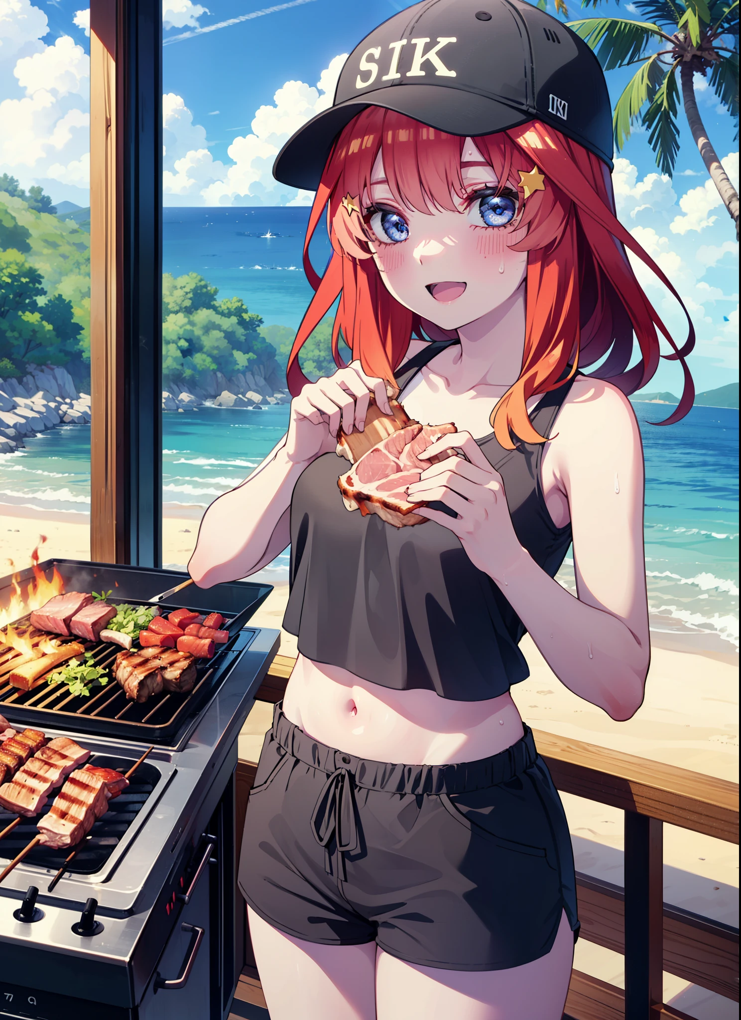 itsukinakano, Itsuki Nakano, bangs, blue eyes, Hair between the eyes, Redhead, star \(symbol\), hair ornaments, star hair ornaments,Baseball hats,happy smile, smile, Open your mouth,Red Tank Top,Belly button,Shorts,barefoot,Sweat,Beach,barbecue,cooking,Grilled meat,barbecue,Grilling meat,eating meat,Grilled meat,Palm tree,True Summer,Daytime,Clear skies,
break indoors, Beach,Sandy Beach,
break looking at viewer, (Cowboy Shot:1.5),
break (masterpiece:1.2), Highest quality, High resolution, unity 8k wallpaper, (figure:0.8), (Beautiful attention to detail:1.6), Highly detailed face, Perfect lighting, Highly detailed CG, (Perfect hands, Perfect Anatomy),