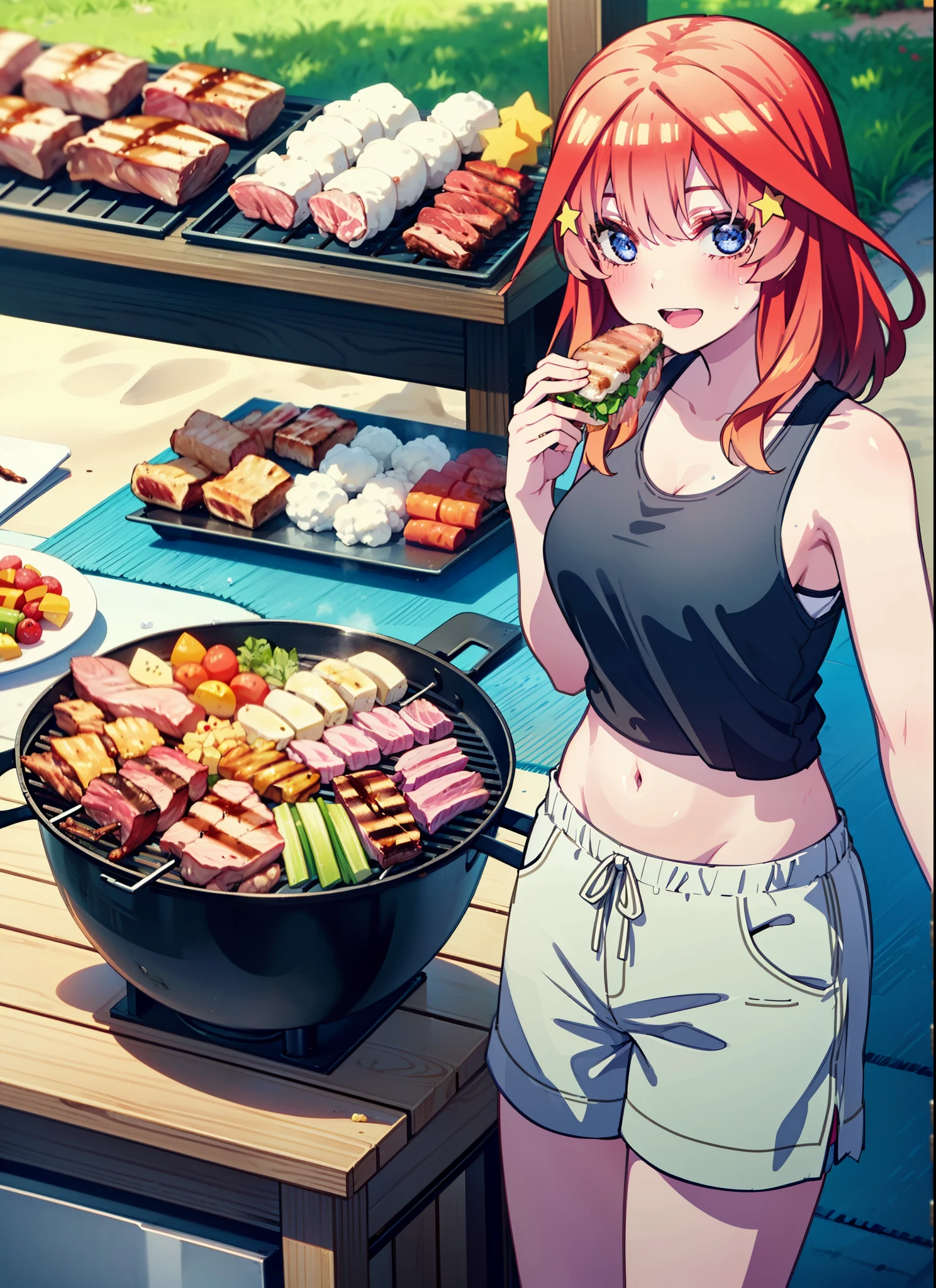 itsukinakano, Itsuki Nakano, bangs, blue eyes, Hair between the eyes, Redhead, star \(symbol\), hair ornaments, star hair ornaments,Baseball hats,happy smile, smile, Open your mouth,Red Tank Top,Belly button,Shorts,barefoot,Sweat,Beach,barbecue,cooking,Grilled meat,barbecue,Grilling meat,eating meat,Grilled meat,Palm tree,True Summer,Daytime,Clear skies,
break indoors, Beach,Sandy Beach,
break looking at viewer, (Cowboy Shot:1.5),
break (masterpiece:1.2), Highest quality, High resolution, unity 8k wallpaper, (figure:0.8), (Beautiful attention to detail:1.6), Highly detailed face, Perfect lighting, Highly detailed CG, (Perfect hands, Perfect Anatomy),