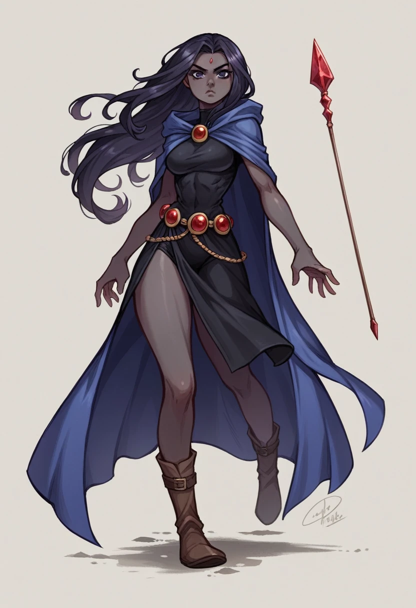 1 adult girl, Raven, black skin black leotard, black cloack, hooded cloak, sexy Greek knee-length skirt, booties, long flowing hair, wavy black hair, forehead jeauel, purples eyes, medieval belt, firm skin, standing, toned, breastsout, battle pose, delicate pose, perspective view(posando)), Lines of movement, portraite, b&au. Contour, whole body, holding a spear