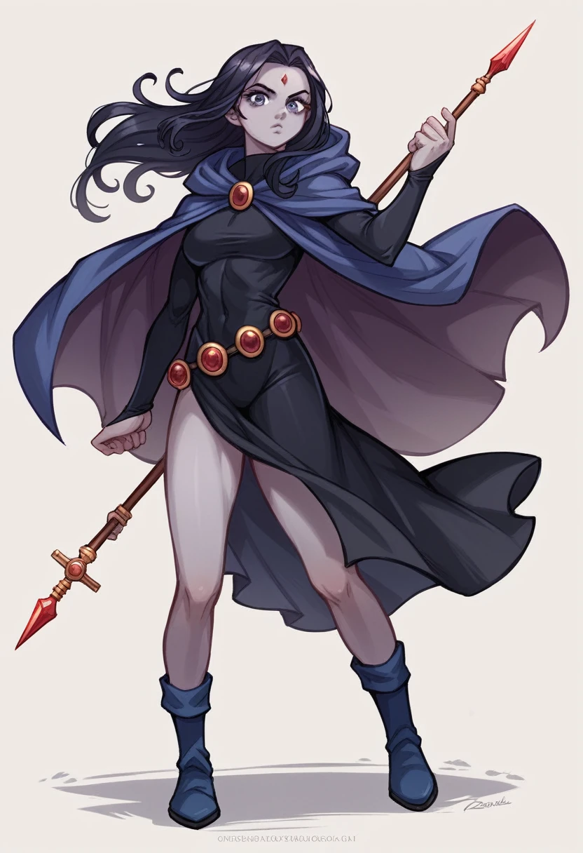 1 adult girl, Raven, black skin black leotard, black cloack, hooded cloak, y Greek knee-length skirt, booties, long flowing hair, wavy black hair, forehead jeauel, purples eyes, medieval belt, firm skin, standing, toned, bre, battle pose, delicate pose, perspective view(posando)), Lines of movement, portraite, b&au. Contour, whole body, holding a spear