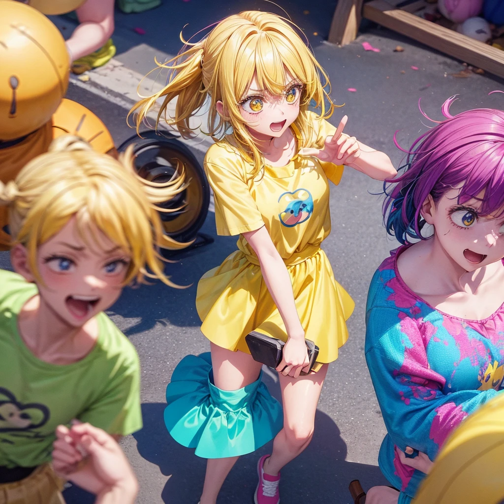 Create an anime-style image of a clumsy and naturally awkward girl with bright yellow hair. She should be wearing a cute, casual yellow outfit, such as a dress or a top with a skirt. Depict her in a moment where she is tripping or stumbling, showing a panicked and embarrassed expression. Her hair is styled in a playful, slightly messy fashion. The background should be lively and fun, with bright colors and dynamic elements that emphasize her clumsiness. Add small, amusing details around her, like scattered items she has knocked over, to enhance the playful and whimsical atmosphere. Make sure the overall image is vibrant and engaging, suitable for use as a thumbnail.